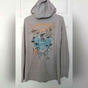 Vintage Ed Hardy Women's (Large) Slim Long Zip-Front Hoodie With Graphics & Lace